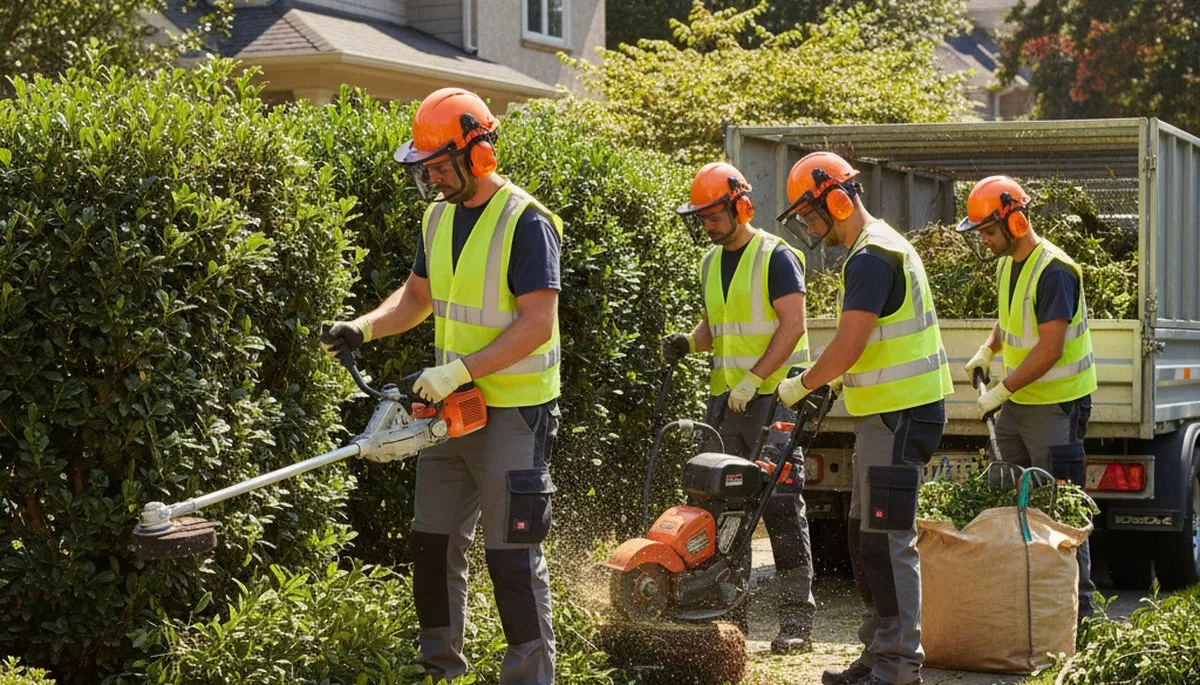 Shrub removal service in Bellevue, NE clearing overgrown shrubs from a residential property
