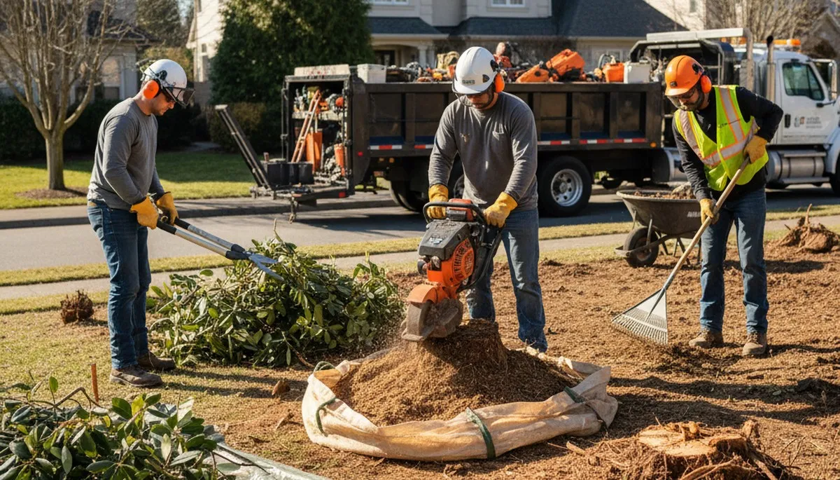 Shrub removal crew clearing overgrown shrubs in Bellevue, NE for a residential property